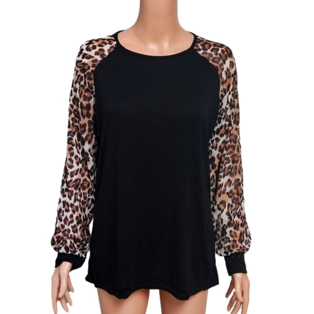 Woman's black long sleeve leopard print black Blouse (code-P137)